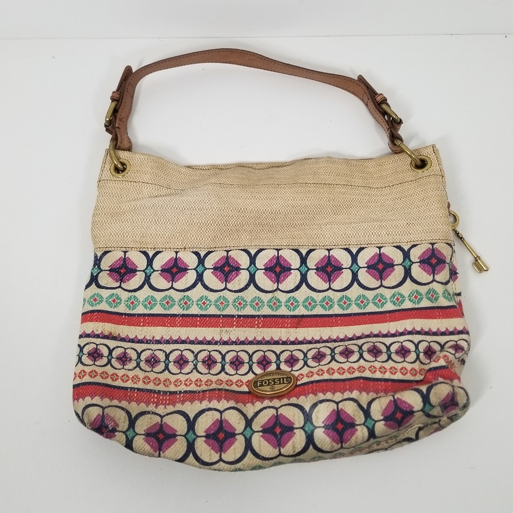 Fossil Key Per Brown Leather Canvas Pink Floral Shoulder Handbag Purse